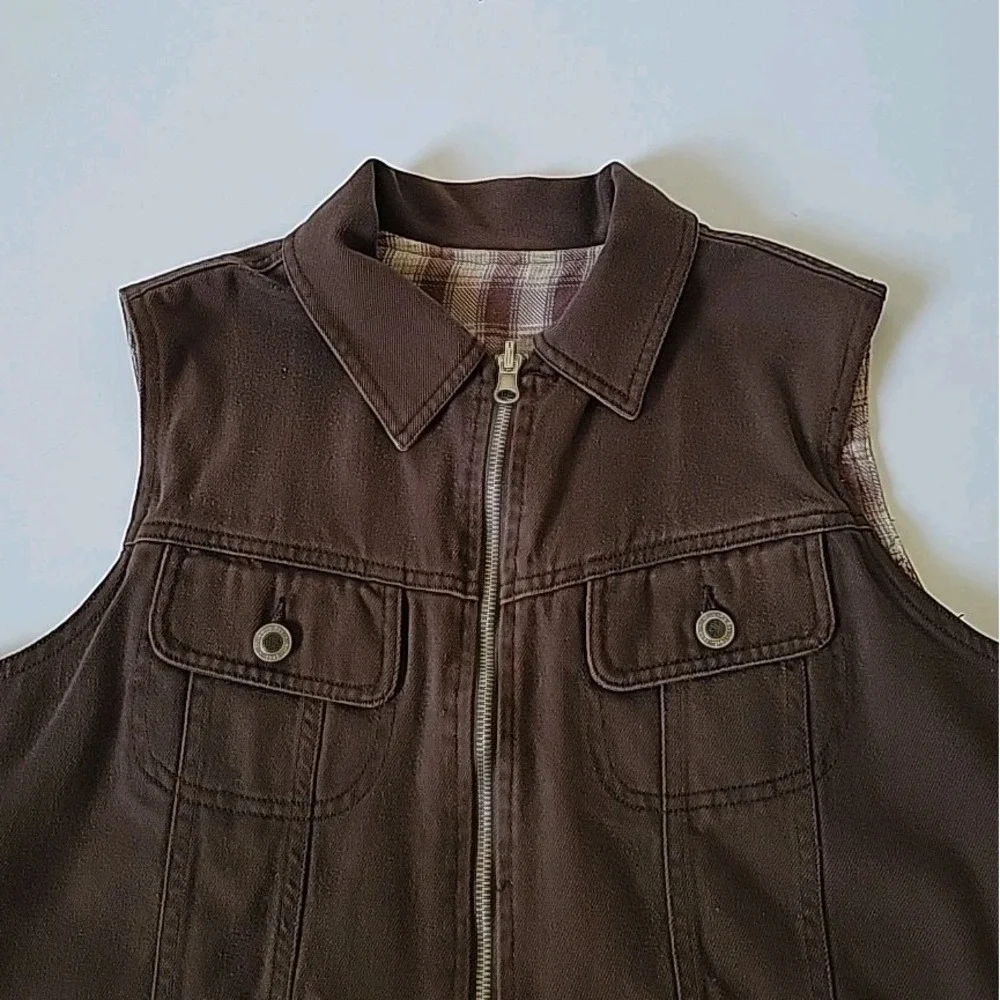 St Johns Bay Vintage Reversible Vest Petite Medium Brown‎ Denim Flannel Full Zip